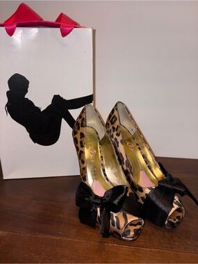 Paris Hilton Leopard Print Peep-Toe Heels with Black Satin Bow